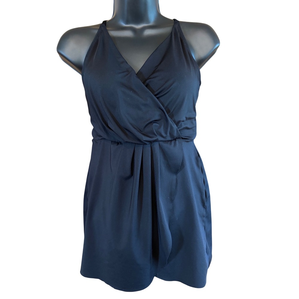 Anne Cole Women Navy Blue Surplice Wrap Front Cross Back Swim Dress One Piece